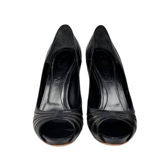 ALEXANDER McQUEEN Peep Toe Platform Heels Sz 9 Black Leather Pumps Glam Luxury - Picture 3 of 15